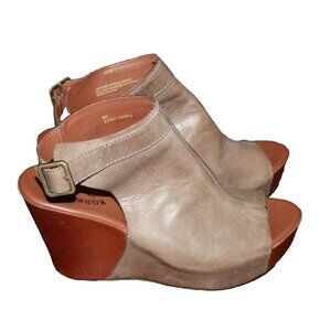 Kork-Ease Women's Taupe Brown Leather Peep Toe Buckle Wedge Sandals Size 8 8M